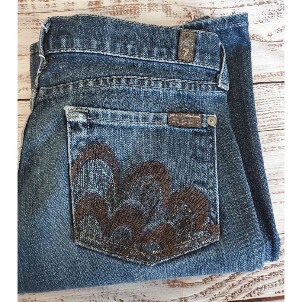 Sz 25 7FAM For All Mankind Womens Dark Wash Flare Jeans Unique Pocket USA Made